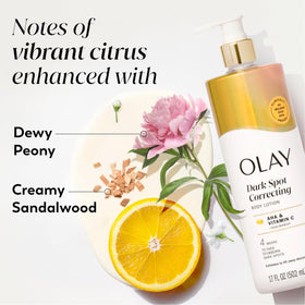 Olay lotion avec ingrédients clés sur fond blanc