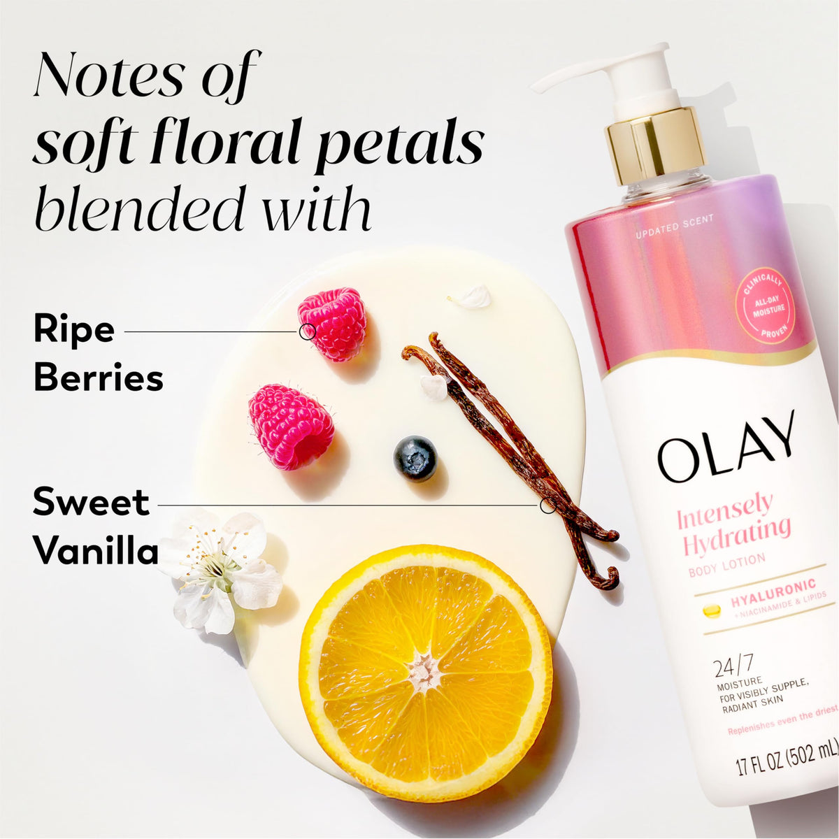 Olay lotion corporelle sur une table avec des fleurs