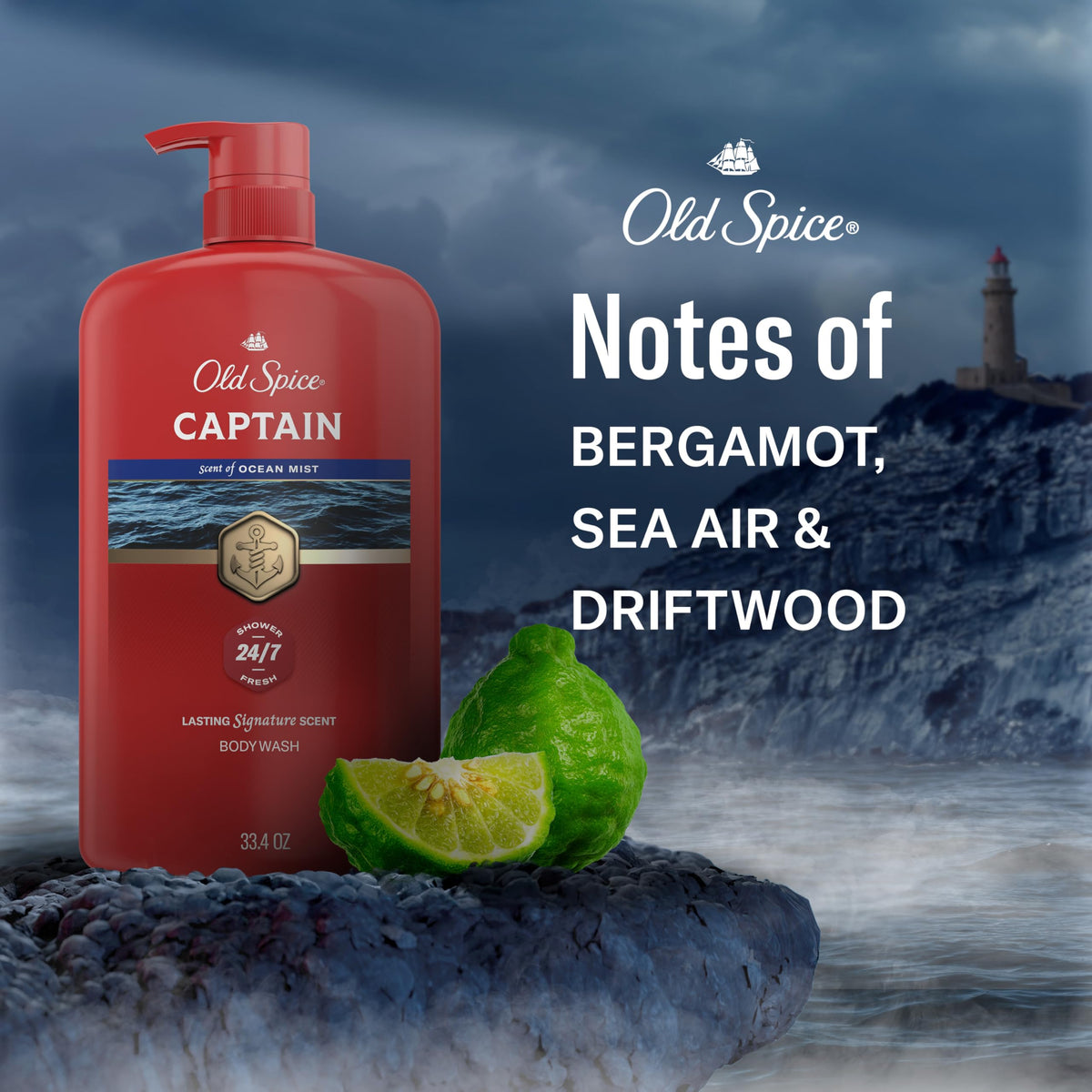 Old Spice Gel Douche Captain 33,4 oz avec un homme se lavant