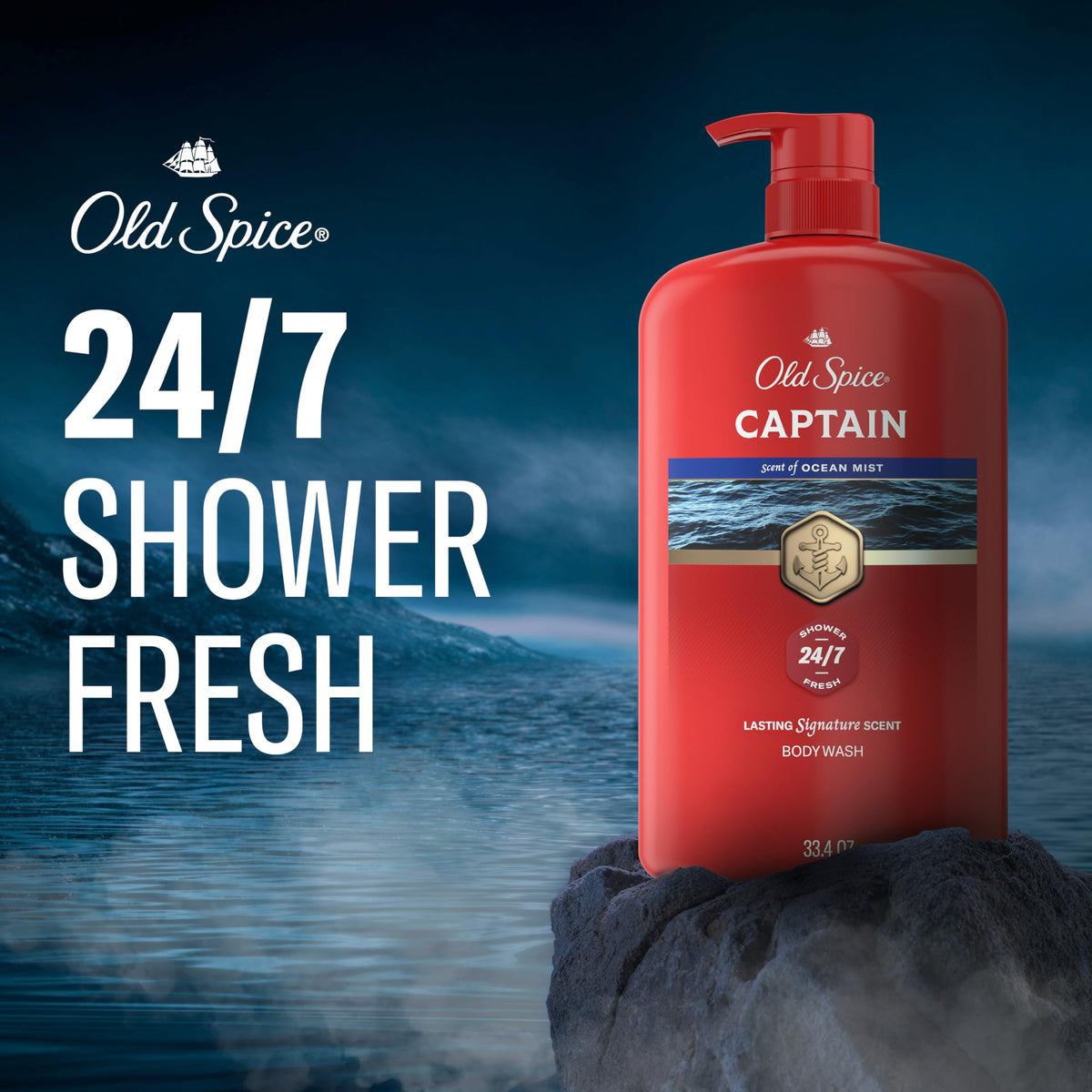 Old Spice Gel Douche Captain 33,4 oz sur un fond de salle de bain