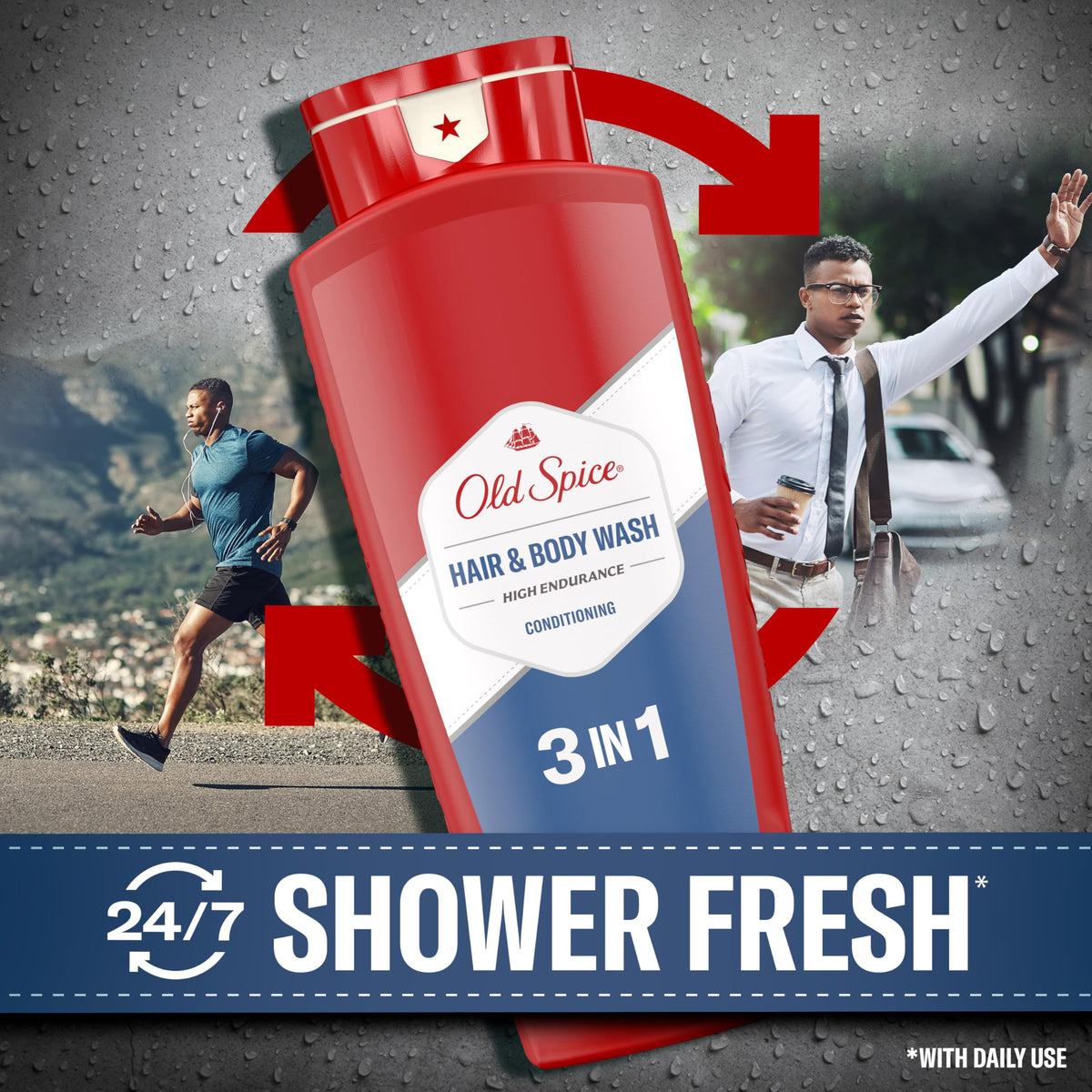 Old Spice Gel Douche et Shampooing 2-en-1 sur un fond de salle de bain