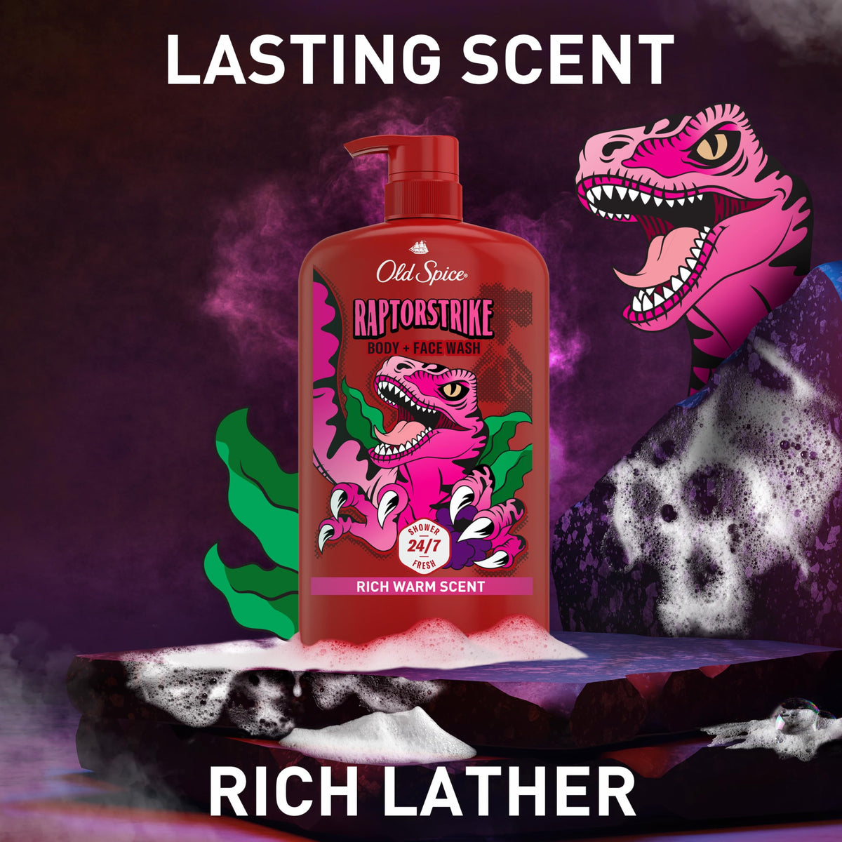 Old Spice Raptorstrike dans une douche avec des gouttes d'eau