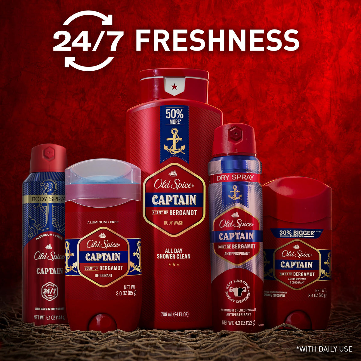 Old Spice Spray Corporel Aluminium Free 5,1 oz avec ses dimensions sur une table