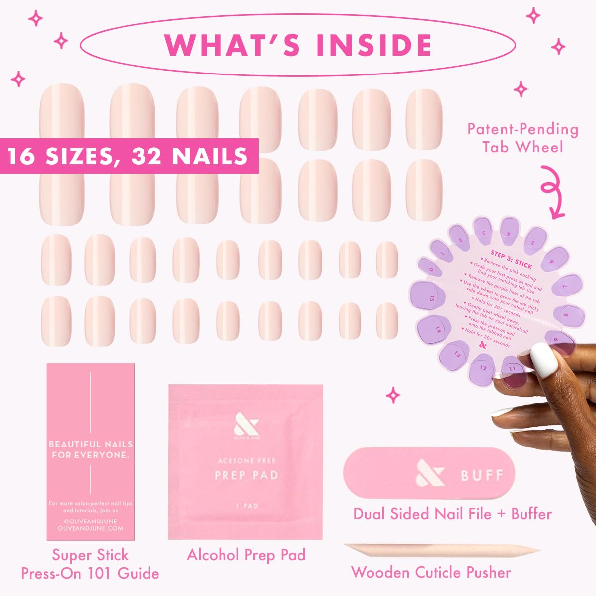 Olive & June Super Stick Press-On Nails en pause avec lime et polissoir