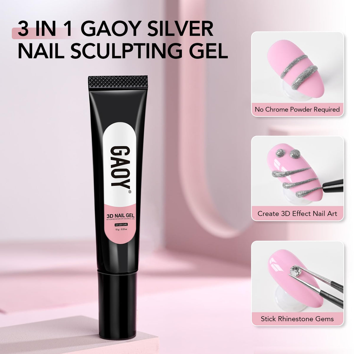 Ongles décorés avec le gel à ongles GAOY 3D argent