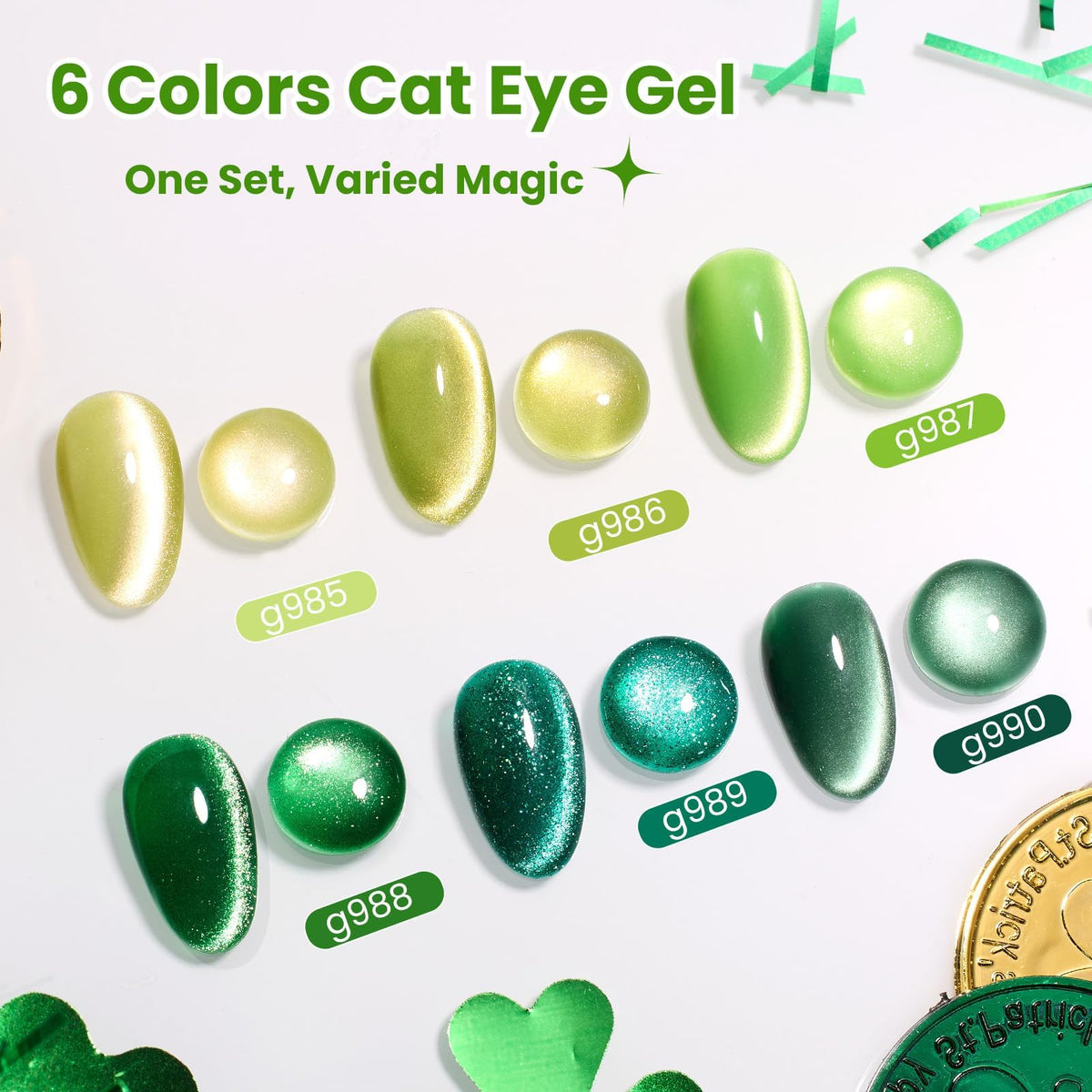 Ongles manucurés avec le vernis Cat Eye vert de beetles sous lumière UV