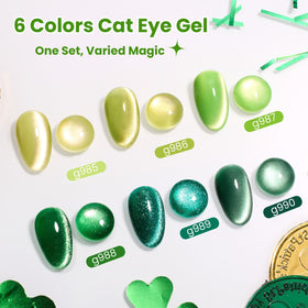 Ongles manucurés avec le vernis Cat Eye vert de beetles sous lumière UV