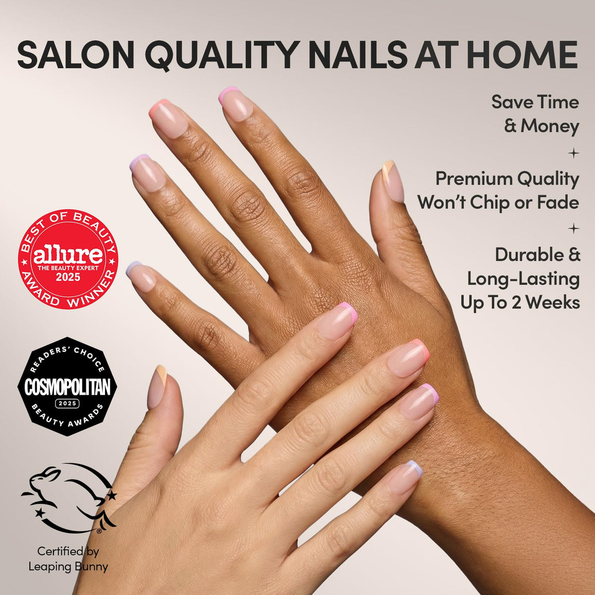 Ongles press-on Glamnetic en forme squoval, cinq couleurs pastel