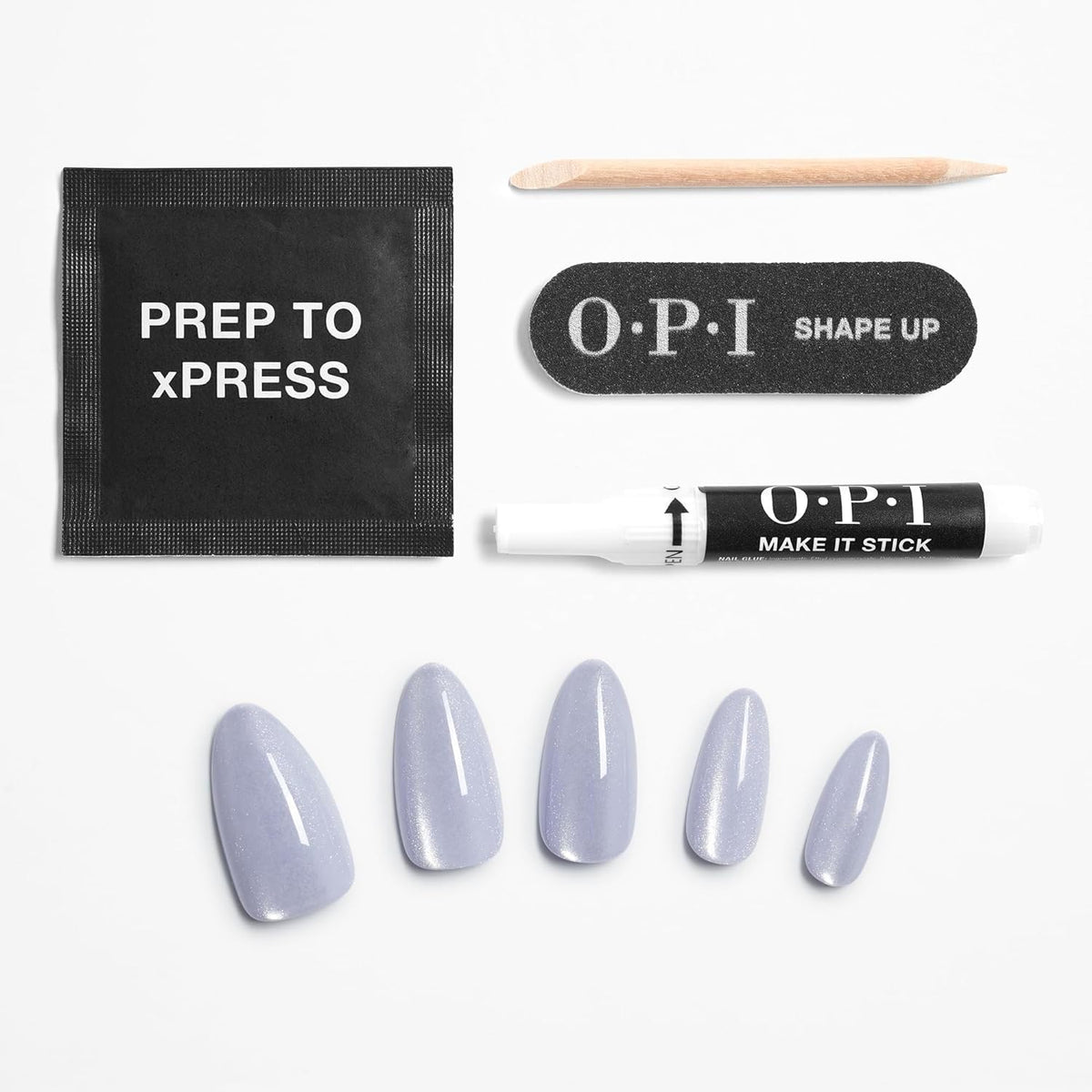 Ongles press-on OPI xPRESS/ON Trailglazer en bleu velours sur fond neutre