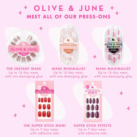Ongles press-ons Olive & June sur des mains avec un joli vernis