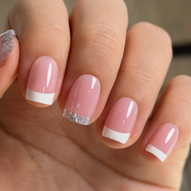 Ongles Pressés Courts CurvLife French Tip en Gel Rose Pailleté - Vue de face