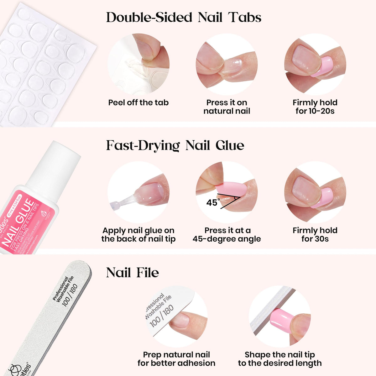 Ongles pressés de différentes couleurs et styles sur fond neutre