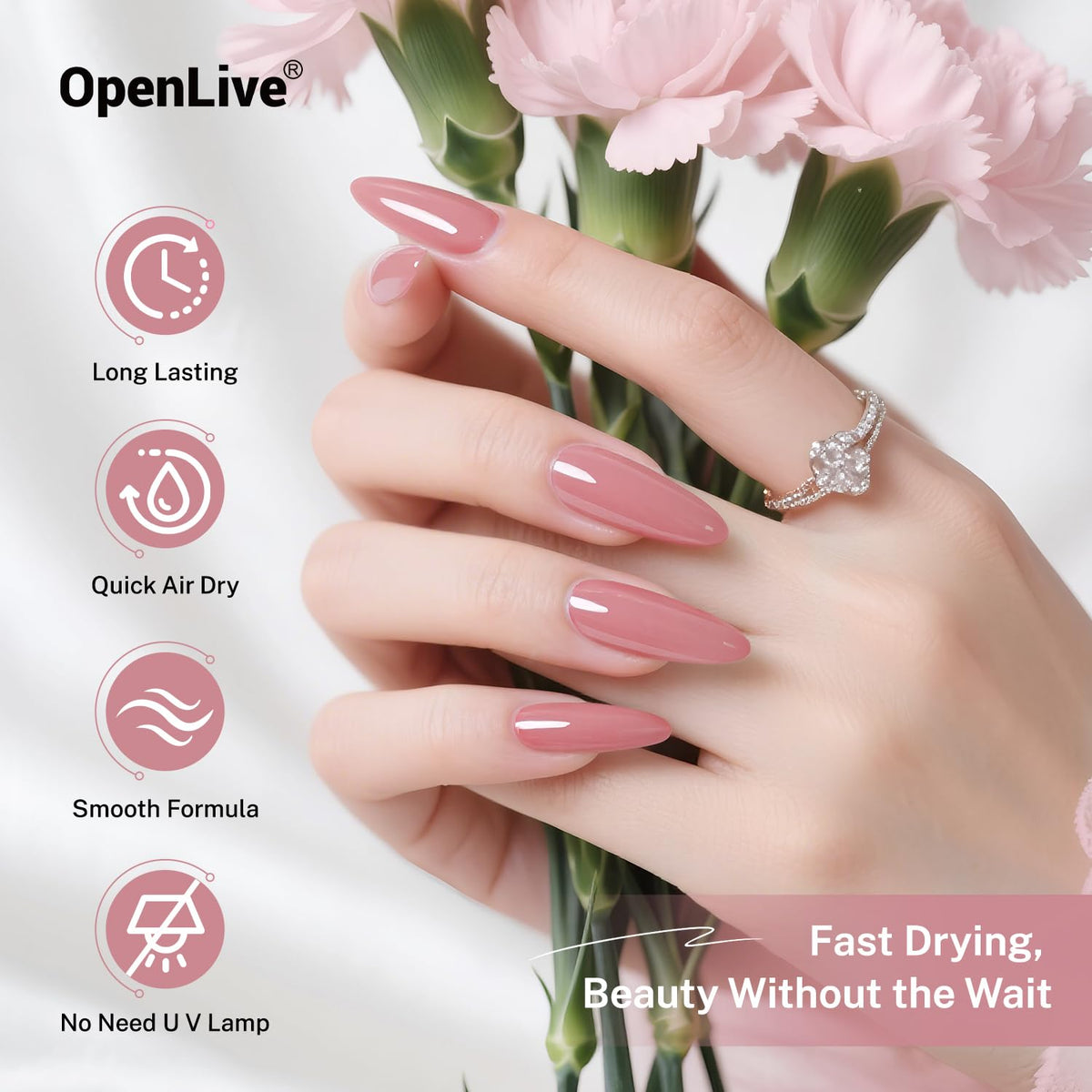 OpenLive vernis à ongles rose poudré avec 3 couches sur les ongles