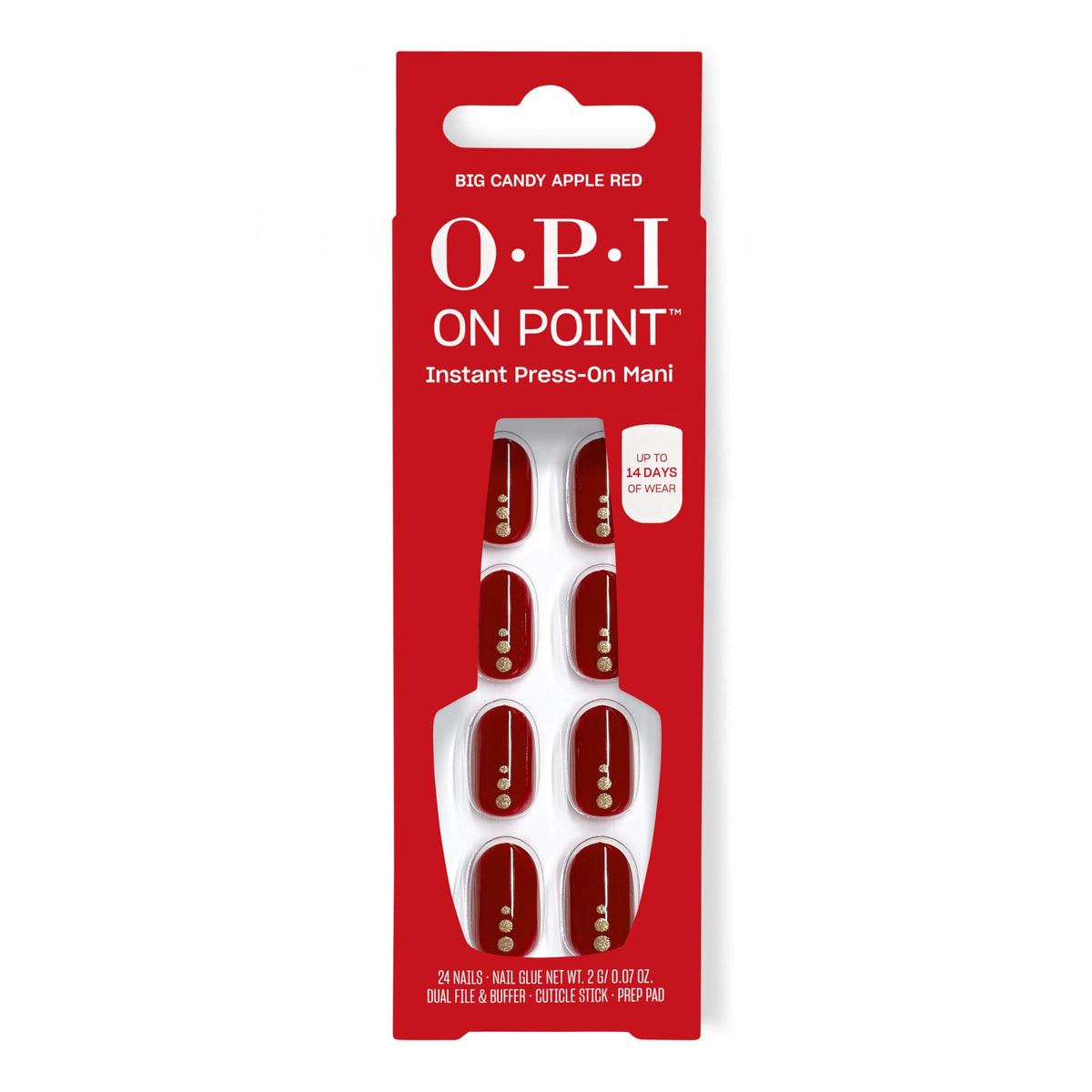 OPI On Point faux ongles press-on rouge brillant avec paillettes dorées