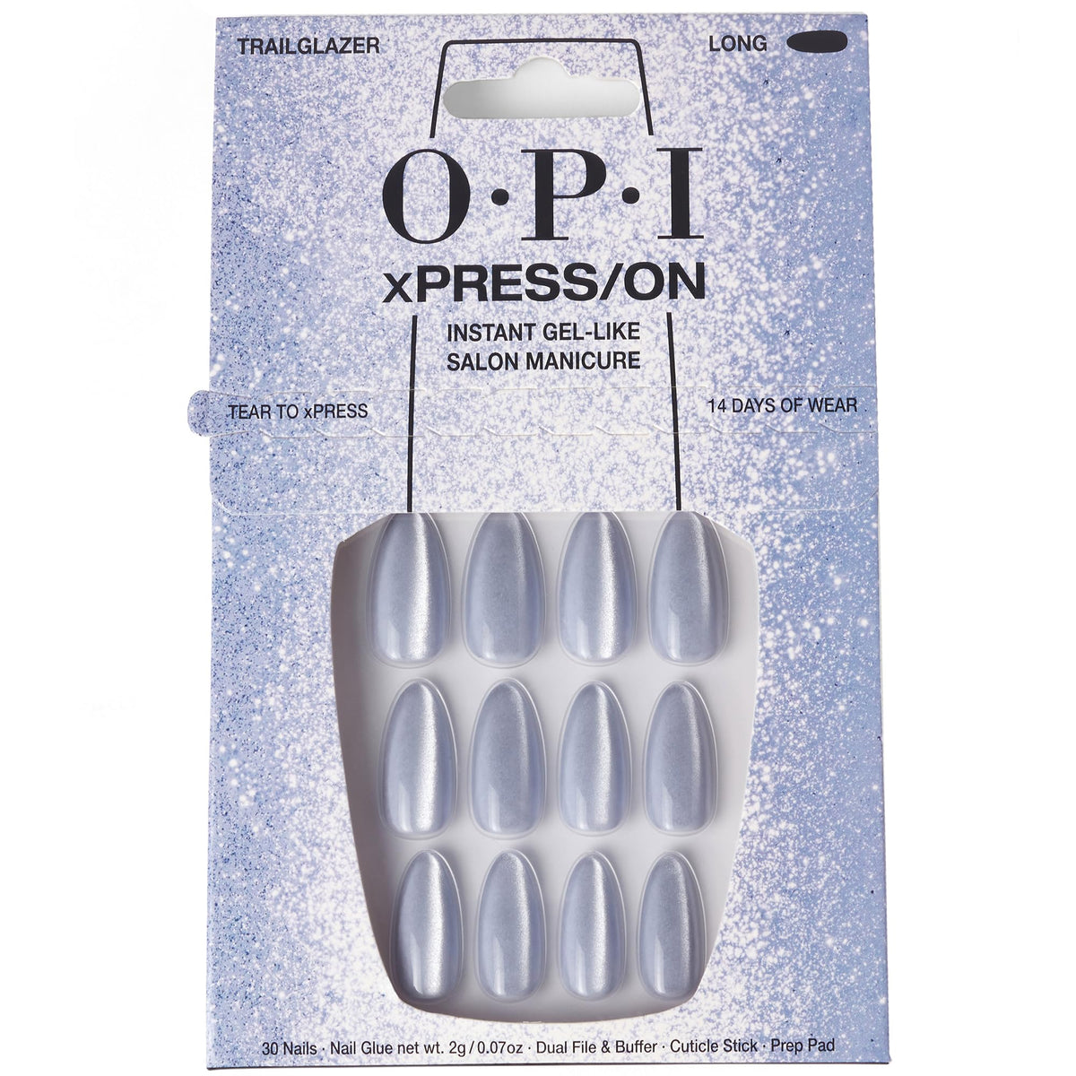 OPI xPRESS/ON Trailglazer ongles press-on velours bleus longs vue de face