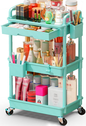 Organisateur de maquillage à roulettes SUNALLY bleu vue avant avec tiroir