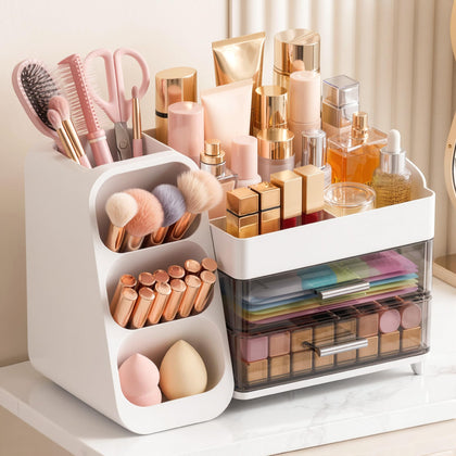 Organisateur de maquillage Asdbko vue avant avec pinceaux et flacons