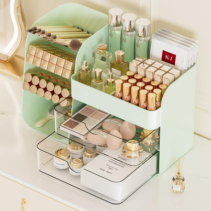 Organisateur de maquillage Booklov vert vue de face avec tiroirs ouverts