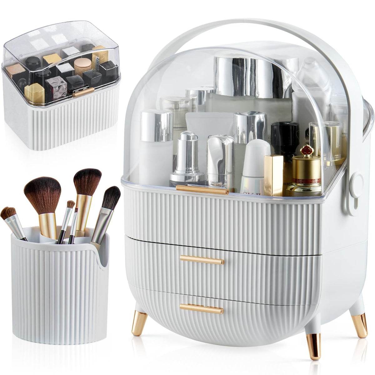 Organisateur de maquillage CANITORON blanc avec 2 tiroirs et support à pinceaux