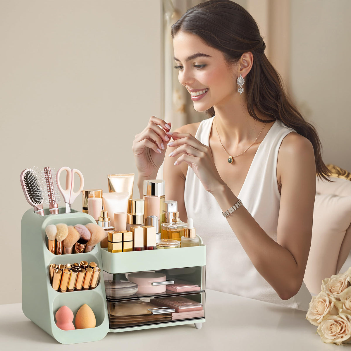 Organisateur de maquillage HBlife en couleur verte sur un bureau
