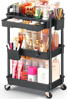 Organisateur de maquillage SUNALLY noir avec tiroir et roulettes, vue avant