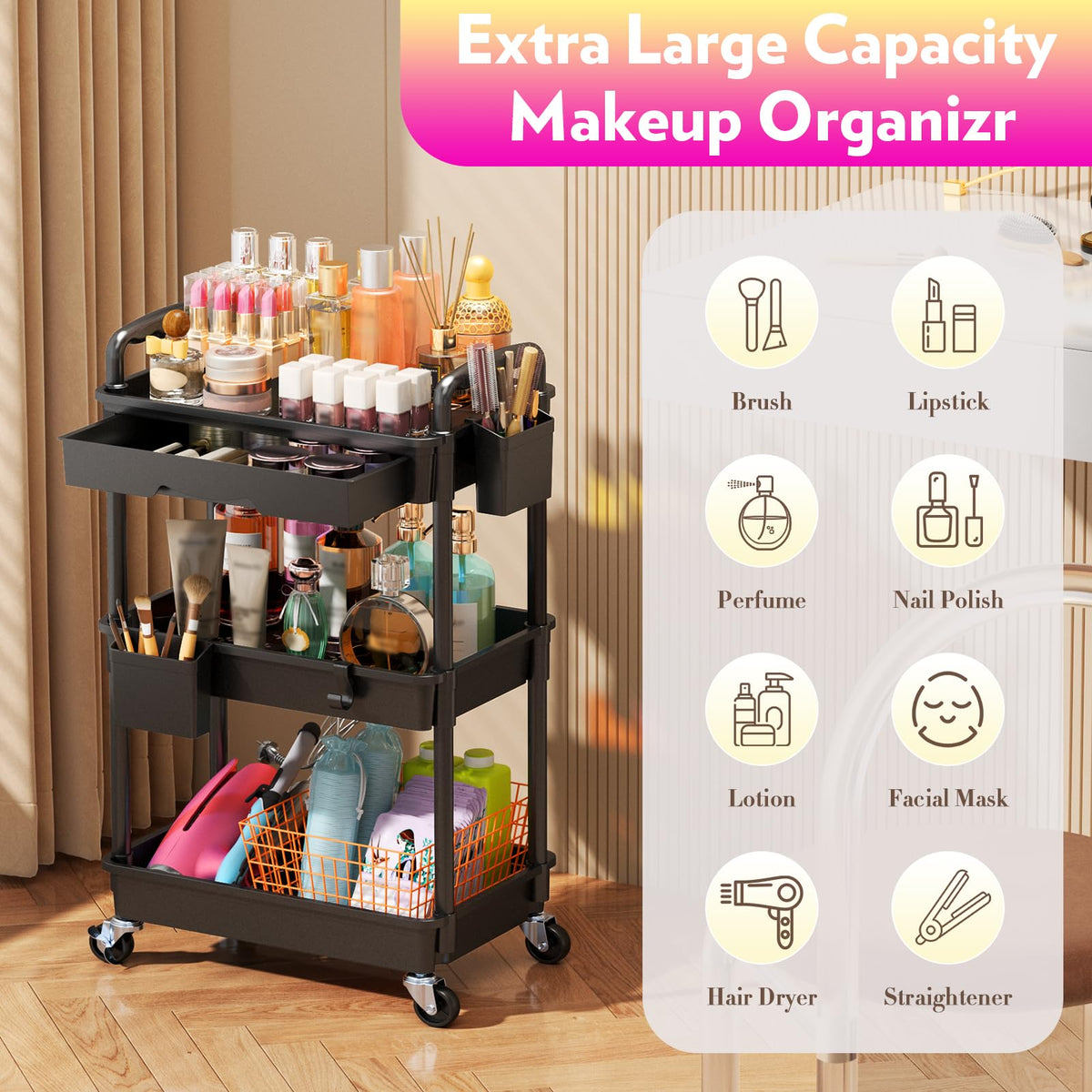Organisateur de maquillage SUNALLY placé sur un comptoir, rempli de produits de beauté