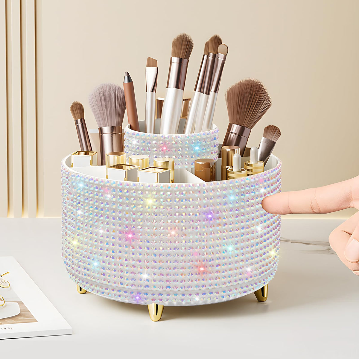 Organisateur de pinceaux de maquillage 360° en diamant blanc, vue avant
