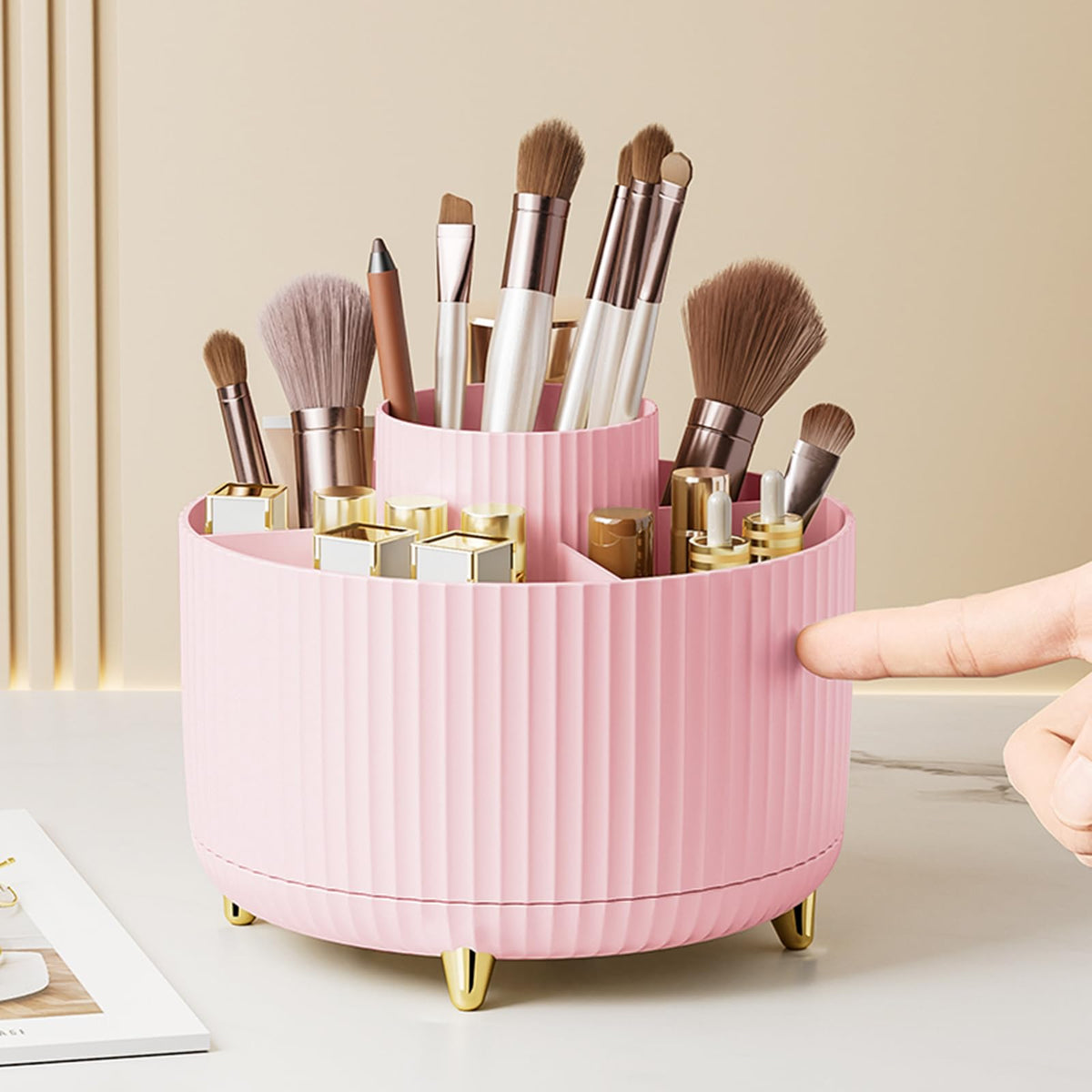 Organisateur de pinceaux maquillage rotatif 360° rose vue de face