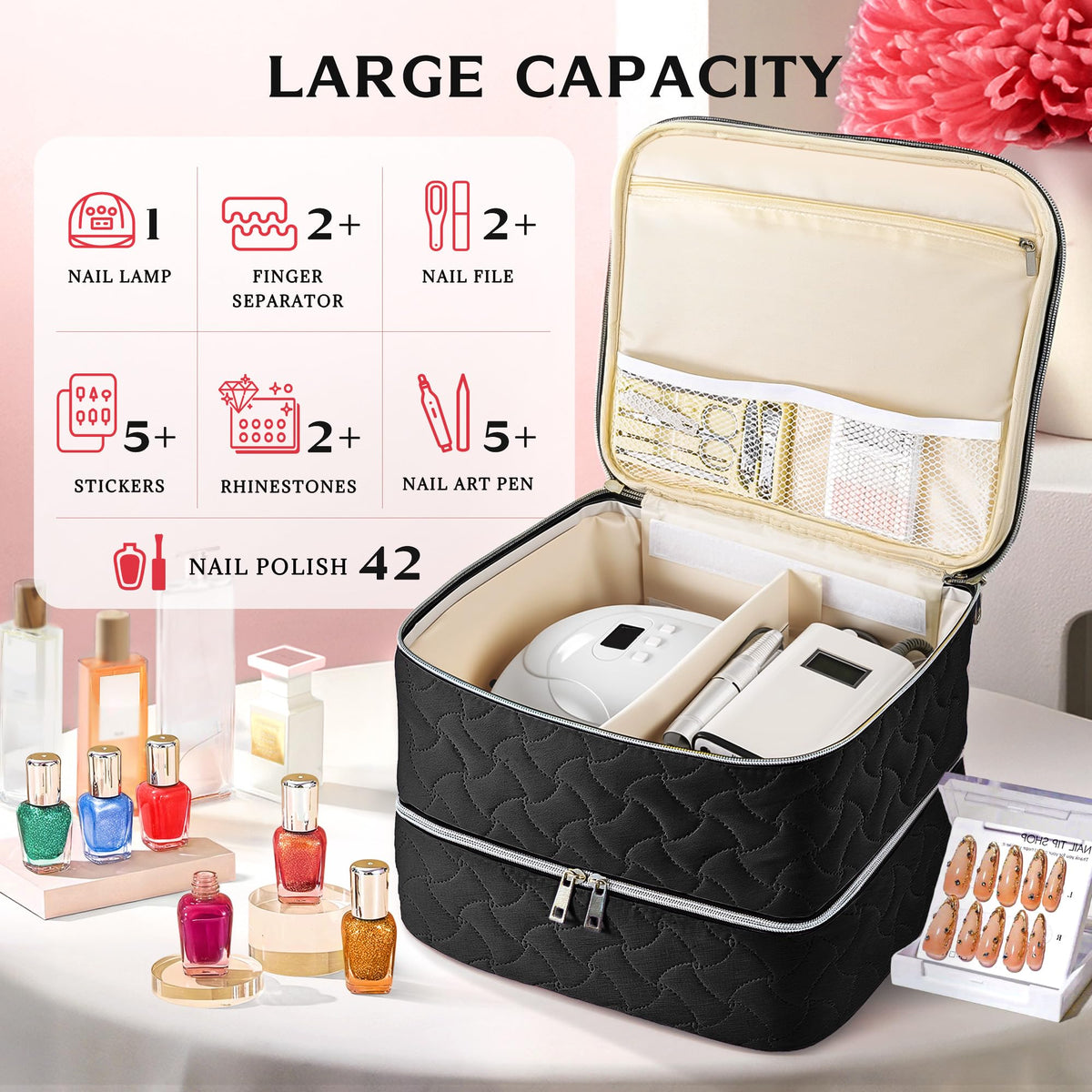 Organisateur de vernis DreamGenius noir ouvert montrant les deux couches