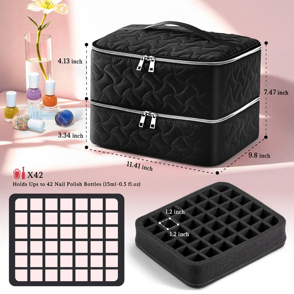 Organisateur de vernis DreamGenius noir sur une table avec accessoires de manucure
