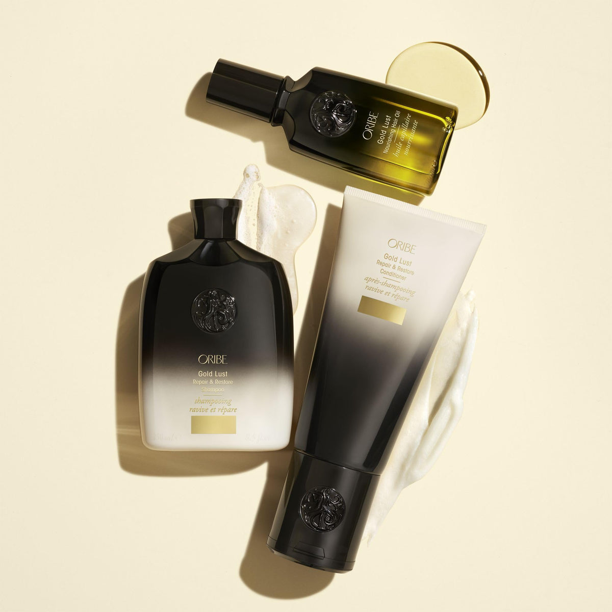 ORIBE Gold Lust Conditioner sur un fond esthétique
