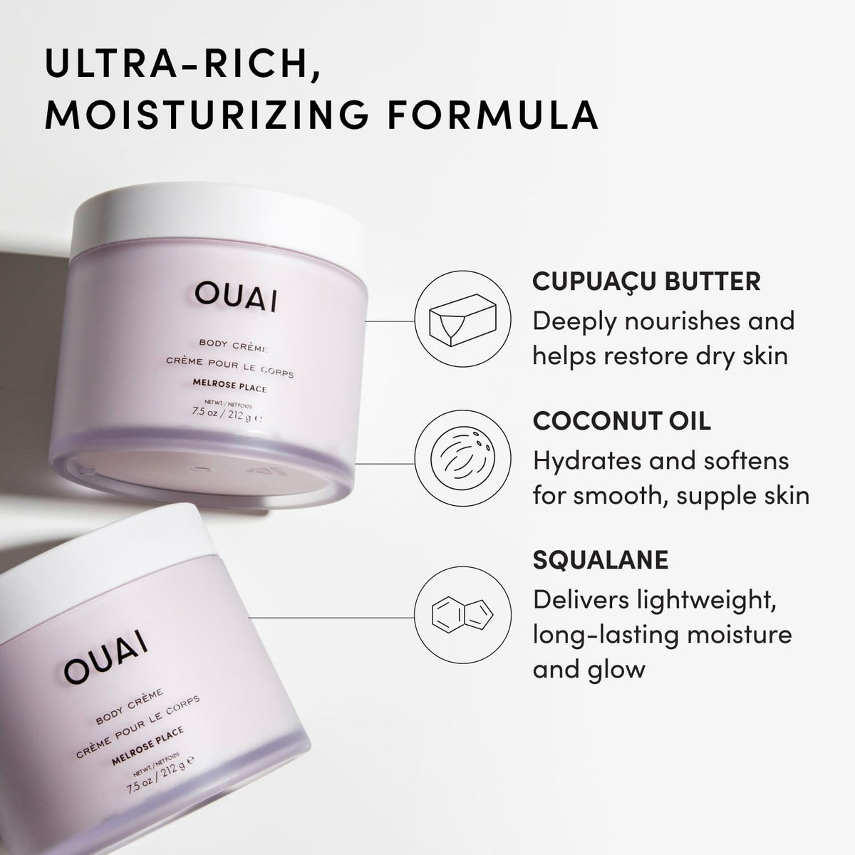 OUAI Crème Corporelle ouverte montrant la consistance crémeuse