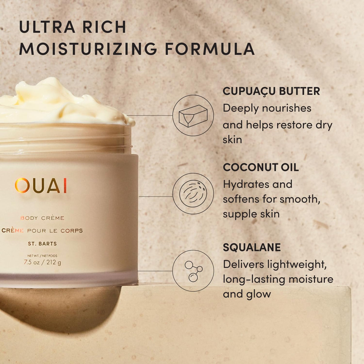 OUAI Crème Corps Hydratante St. Barts en usage sur peau