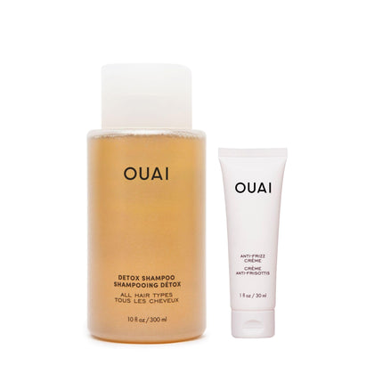 OUAI Detox Shampoo 10 Oz et Anti-Frizz Crème 1 Oz en présentation frontale