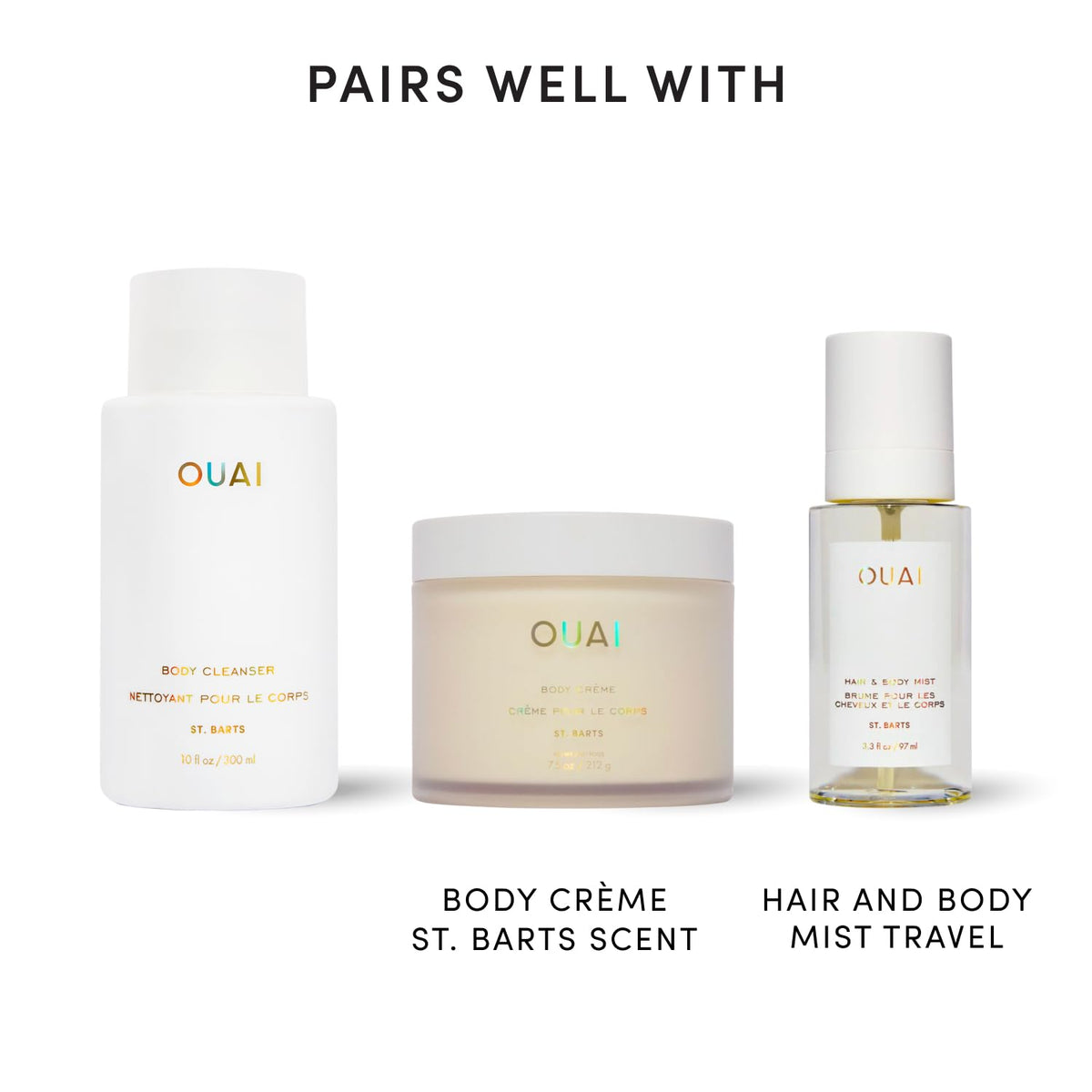 OUAI Gel Douche St. Barts à côté de produits de beauté
