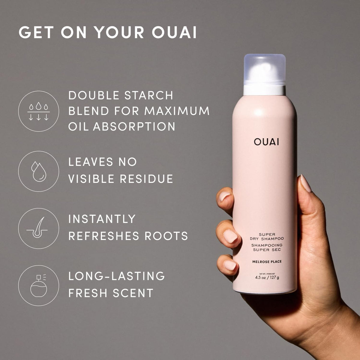 OUAI Shampoo Sec Melrose Place en application sur cheveux