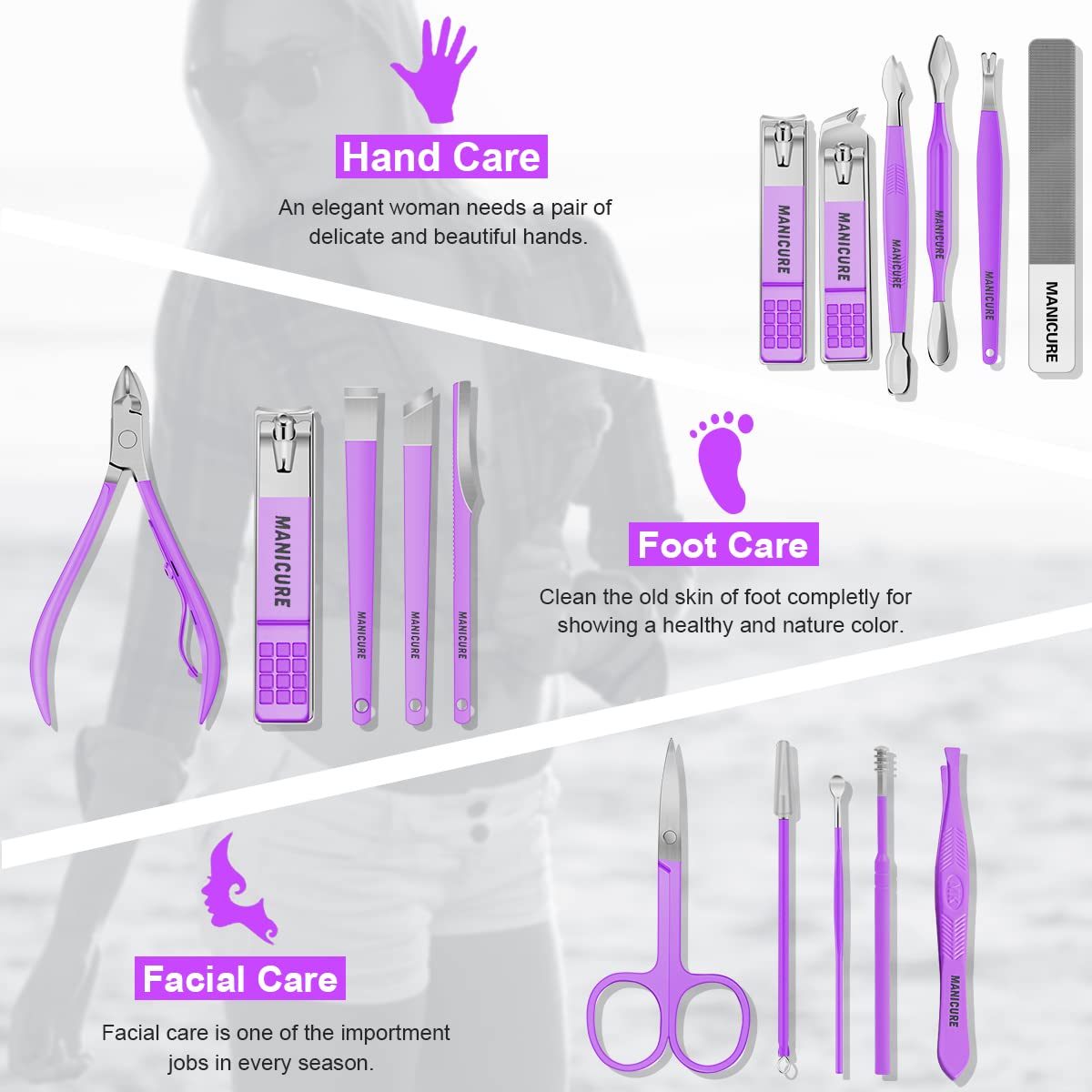 Outils de manucure Leipple en acier inoxydable sur fond blanc