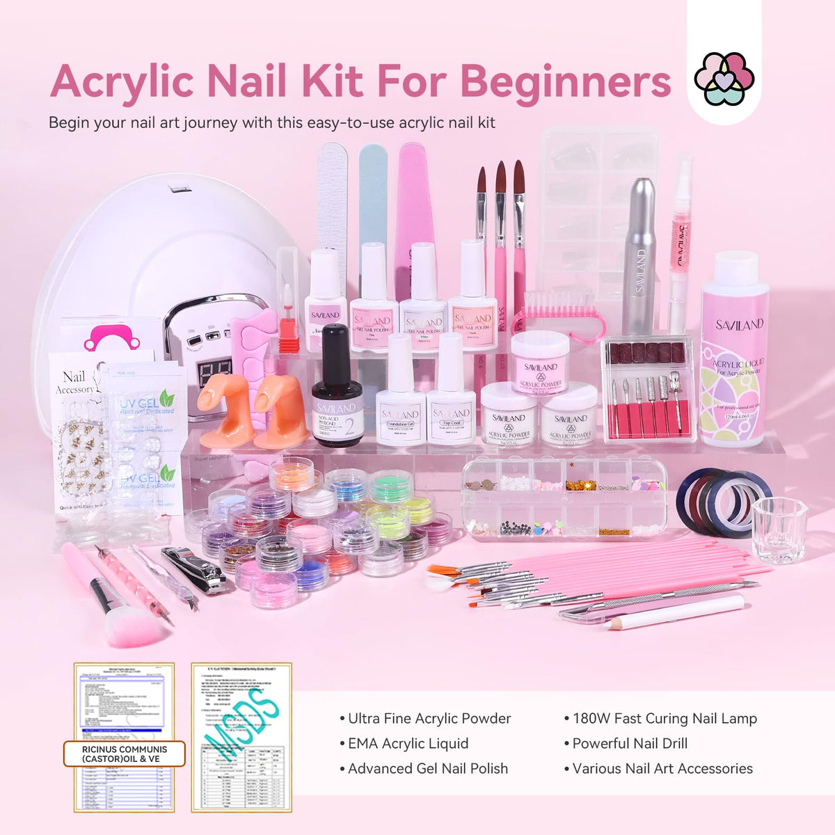 Outils du kit d'ongles acryliques SAVILAND avec pinceaux et accessoires