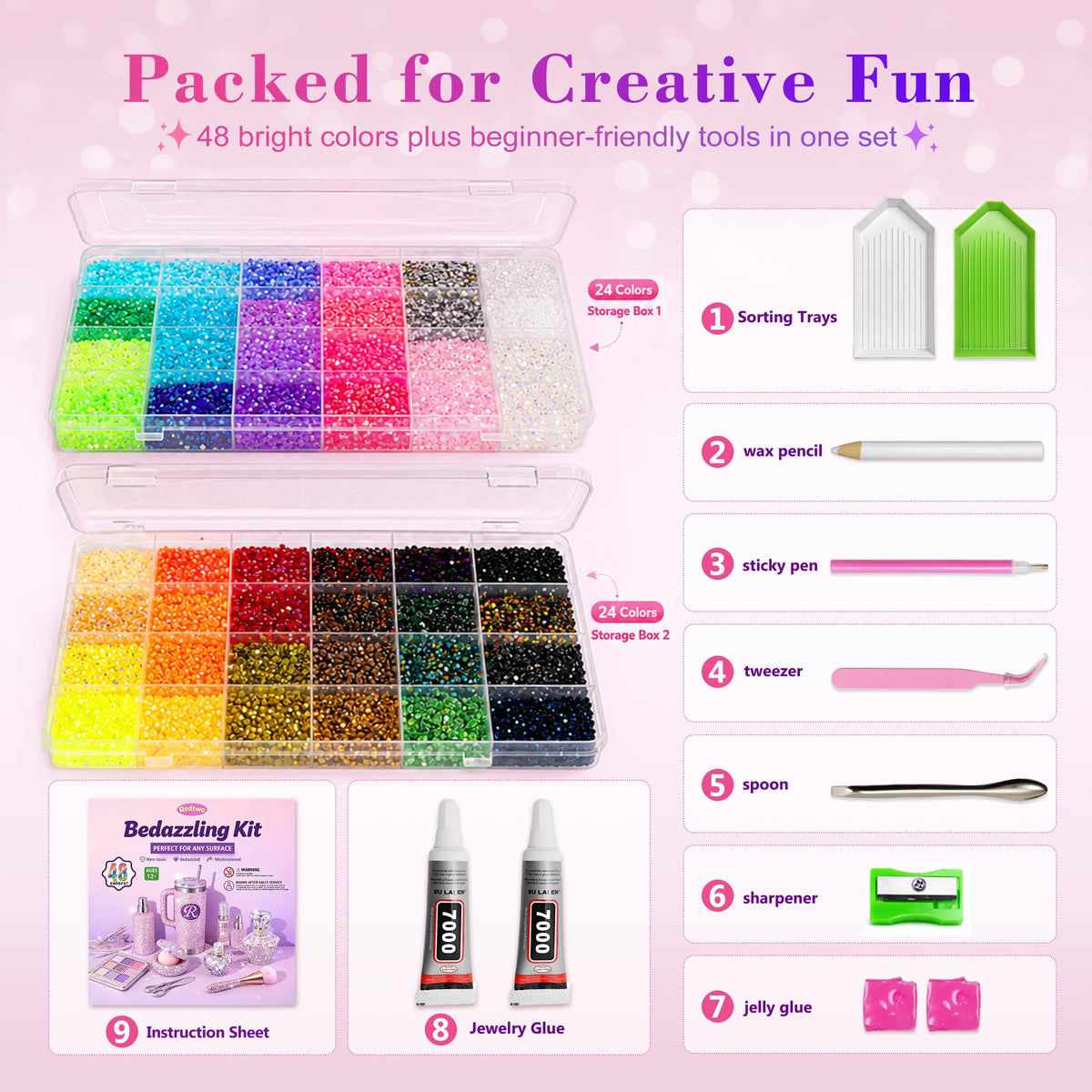 Outils inclus dans le kit de strass Redtwo, y compris la colle et les pinceaux