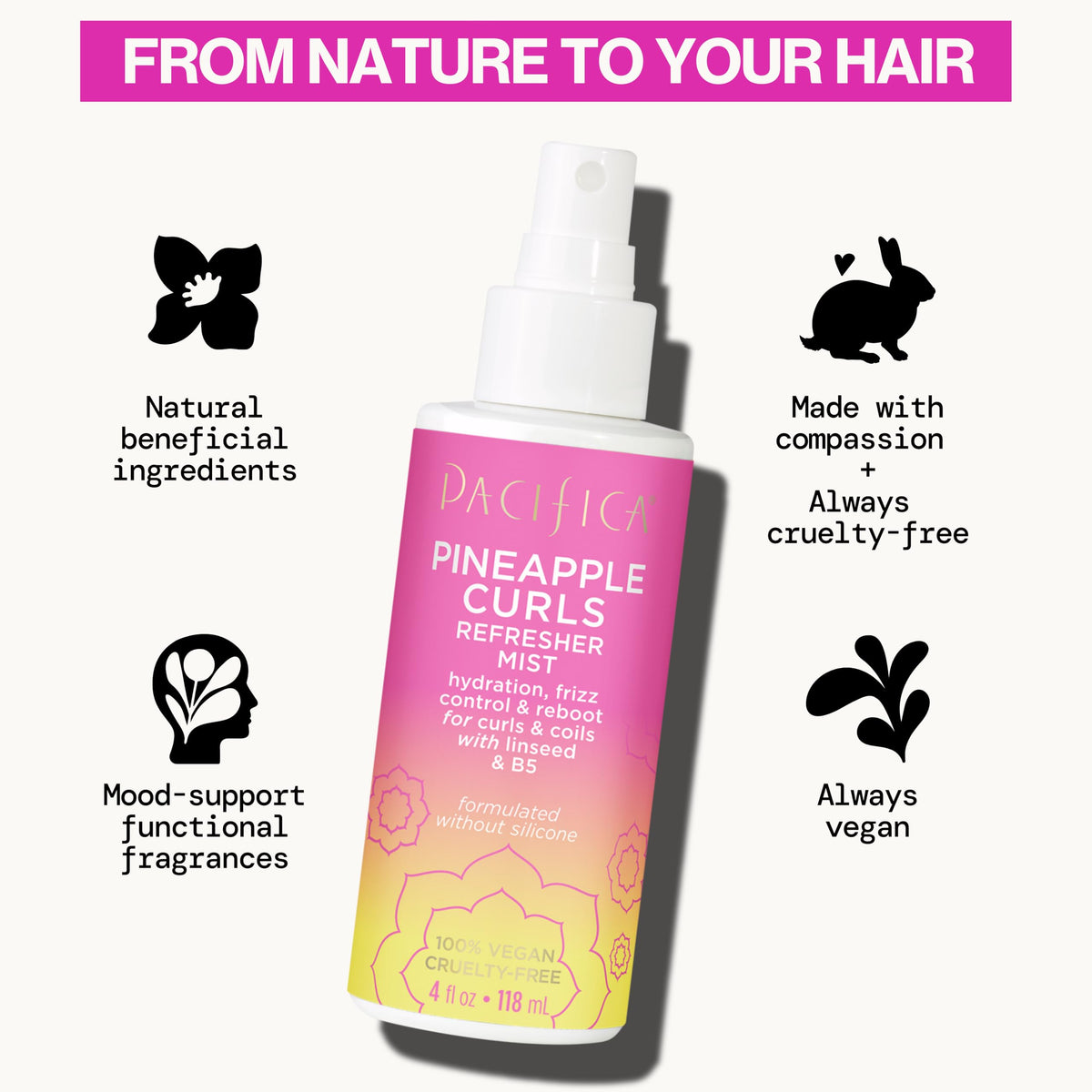 Pacifica Pineapple Curls Refresher Mist avec fond tropical