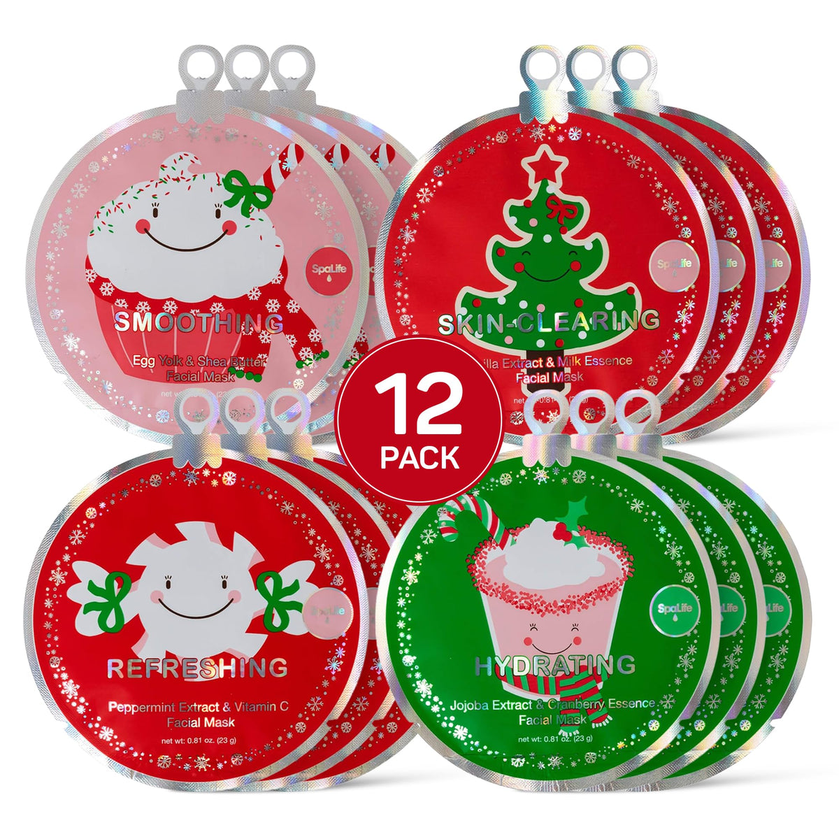 Pack de 12 masques de visage SpaLife pour Noël avec divers ingrédients