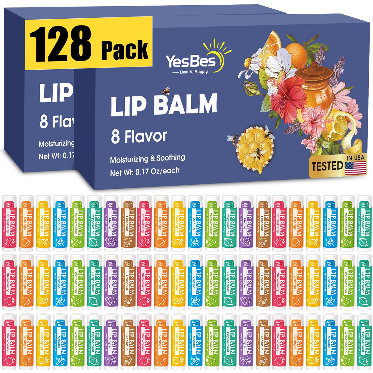 Pack de 128 baumes à lèvres YesBes avec 8 saveurs différentes
