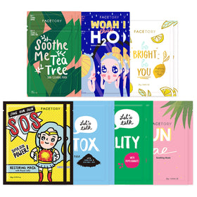 Pack de 14 masques FACETORY vue avant avec étiquettes des bienfaits