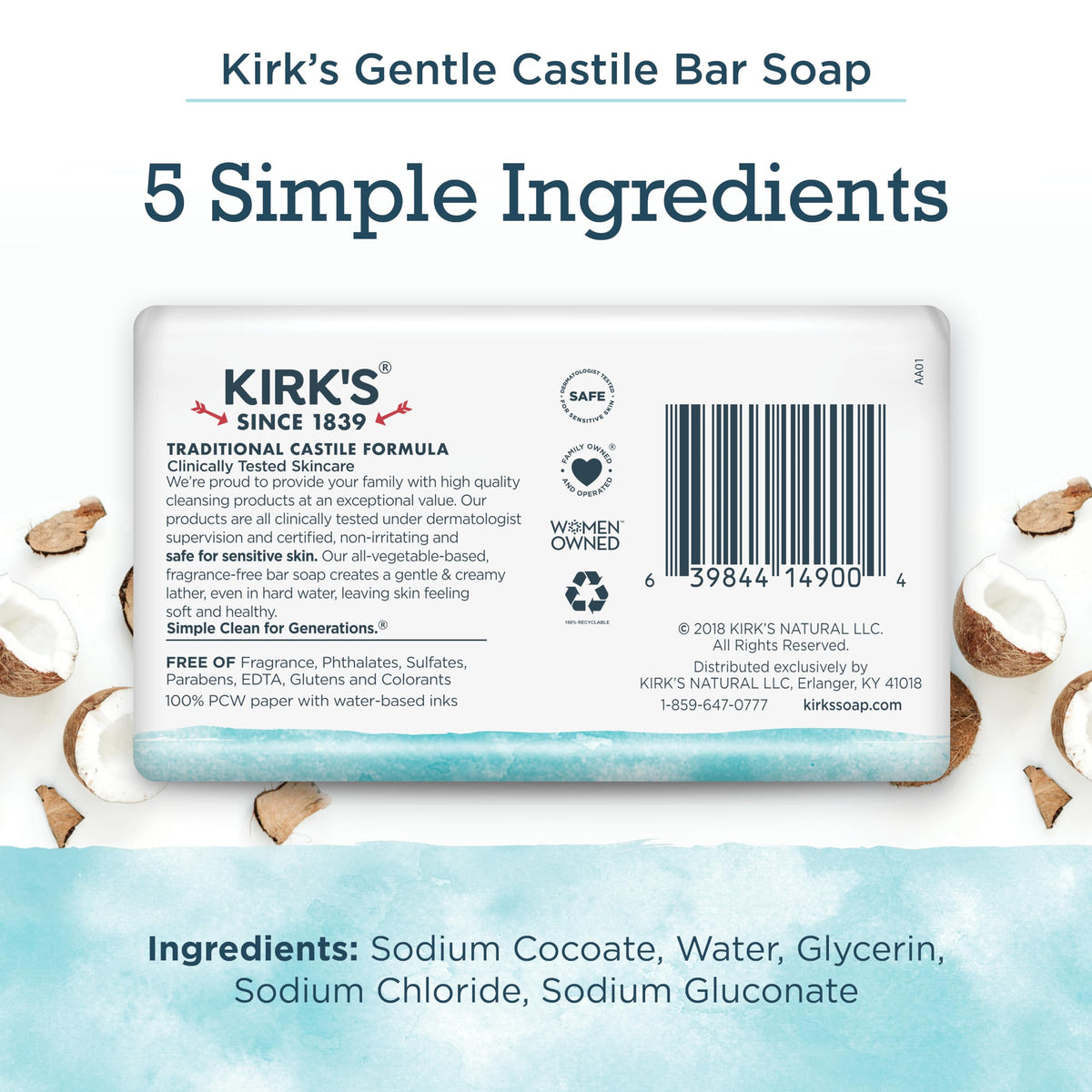 Pack de 18 savons Kirk's Castile Original Coco, vue latérale
