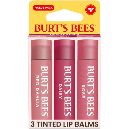 Pack de 3 baumes à lèvres Burt's Bees en teintes Red Dahlia, Daisy et Rose