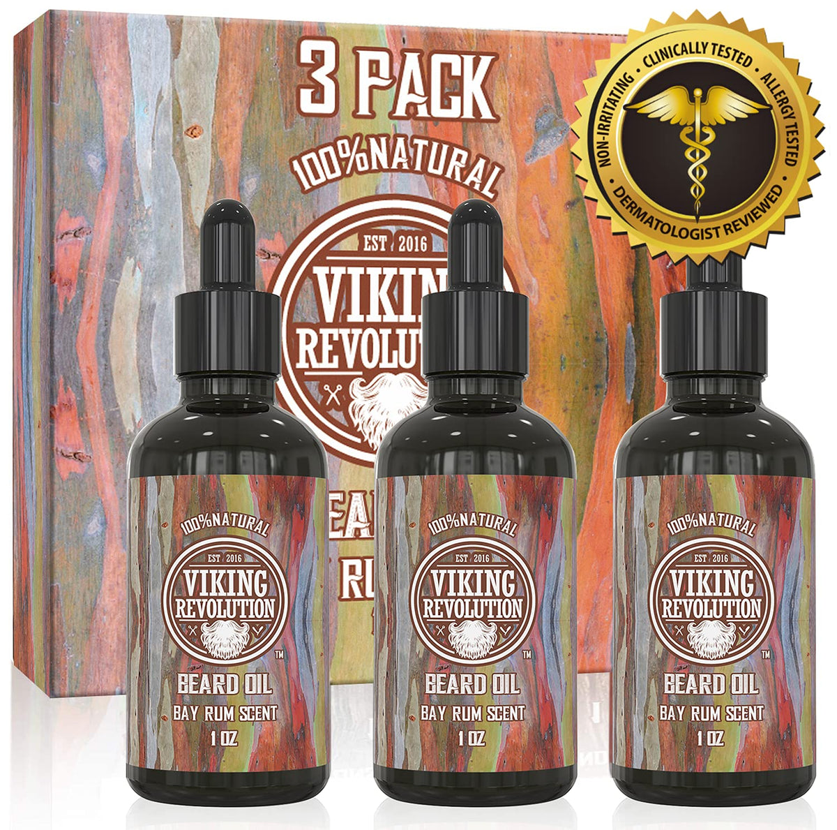 Pack de 3 huiles à barbe Viking Revolution sur une table