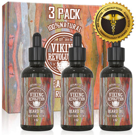 Pack de 3 huiles à barbe Viking Revolution sur une table