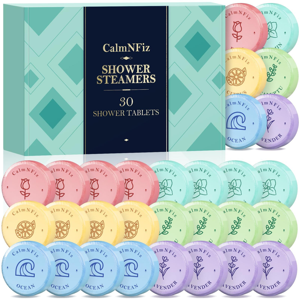 Pack de 30 tablettes de douche CalmNFiz avec 6 parfums différents