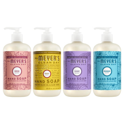 Pack de 4 savons liquides pour les mains Mrs. MEYER'S avec flacons Rose, Lilas, Marguerite et Goutte de Rosée
