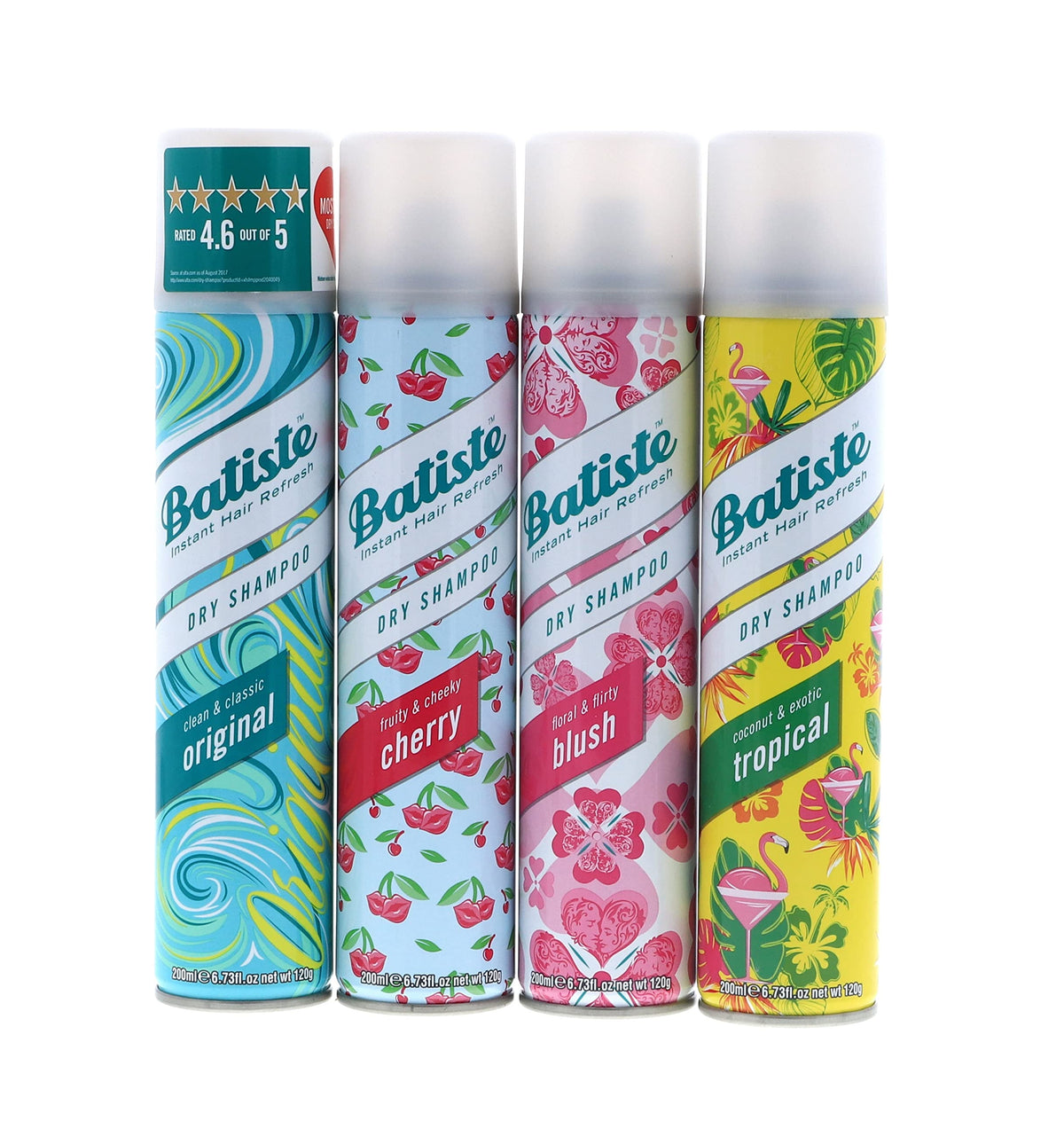 Pack de 4 shampooings secs Batiste Original, Cerise, Blush, Tropical de 6,73 oz